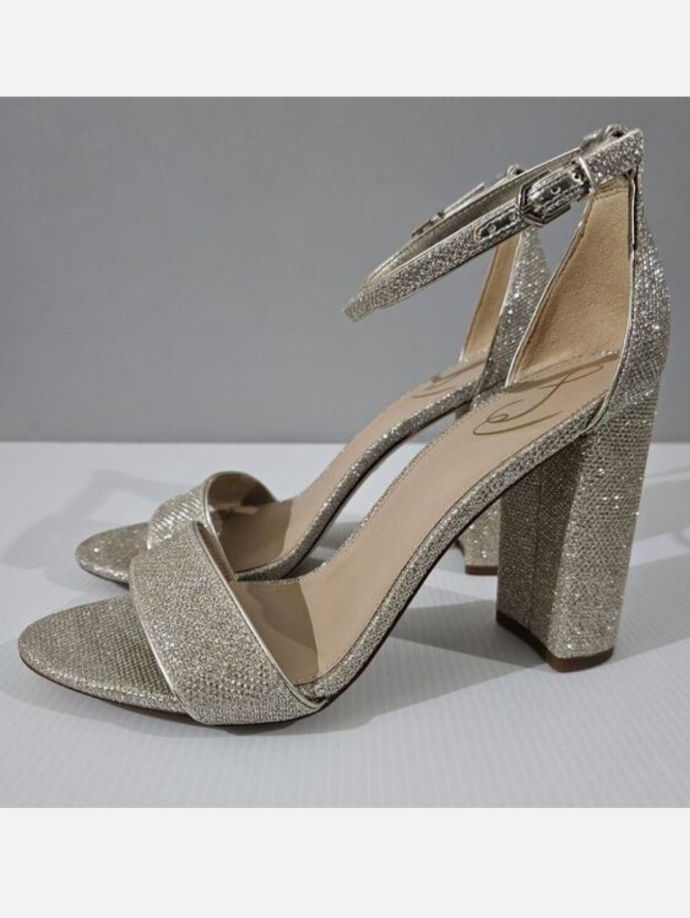 Sam Edelman Yaro Block Heel Sandal Womens 10 Metallic Gold Glam Sparkly